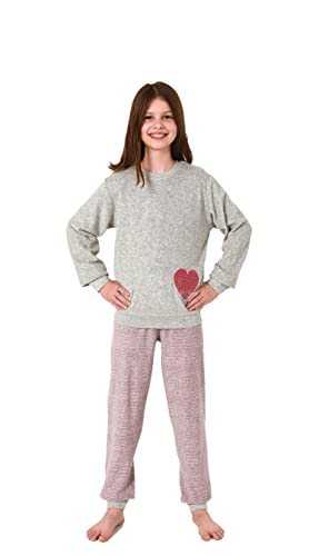 Christine Designer Mädchen Frottee Pyjama Langarm mit Bündchen, Hose gestreift, Oberteil mit Herz-Motiv, Farbe:grau, Größe:122-128 von Christine Designer