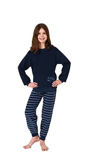Mädchen Frottee Pyjama Langarm Schlafanzug mit Bündchen, Hose gestreift - 212 401 13 800, Farbe:Navy, Größe:158-164 von Christine Designer