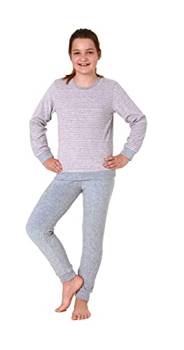 Mädchen Frottee Pyjama Langarm mit Bündchen Schlafanzug mit Herz - Motiv - 65498, Farbe:grau, Größe:122-128 von Christine Designer