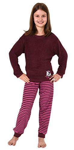 Christine Mädchen Frottee Pyjama Schlafanzug Langarm mit Bündchen & Eulen-Applikation - 29140113572, Farbe:Beere, Größe:140 von Christine