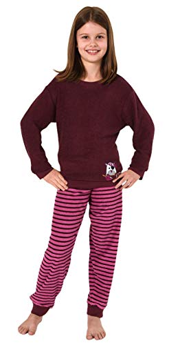 Mädchen Frottee Pyjama Schlafanzug Langarm mit Bündchen & Eulen-Applikation - 29140113572, Farbe:Beere, Größe:176 von Bhgytec
