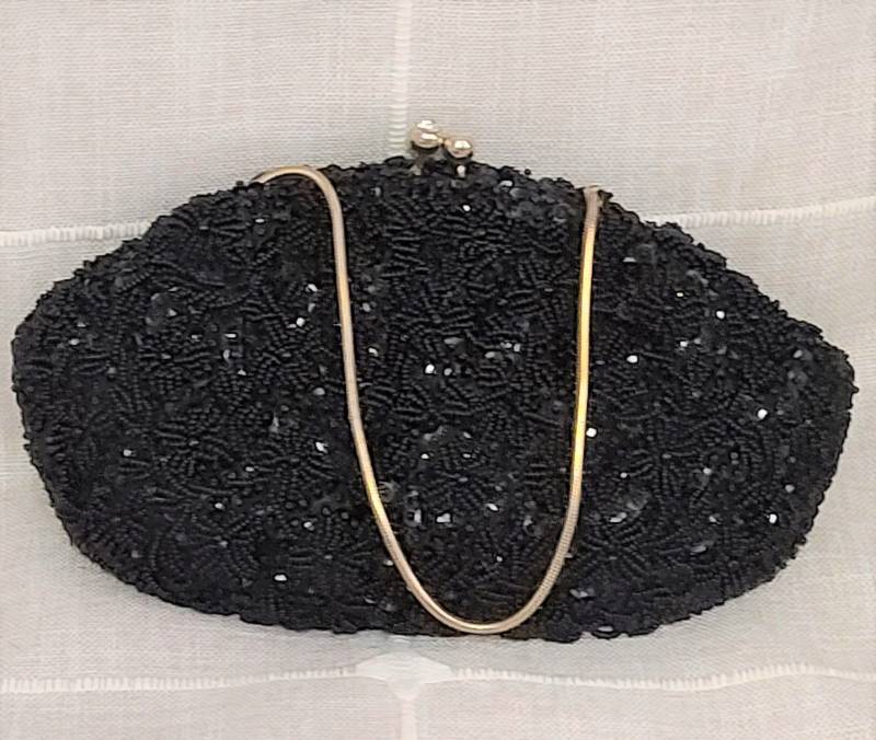 Vintage Schöne Emson Schwarze Perlen Geldbörse Handtasche Mit Strass Kiss Lock Made in Hong Kong von ChristinesBoutique1