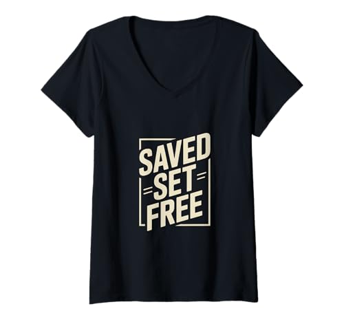 Damen Christlich Evangelium Saved Set Free Freiheit T-Shirt mit V-Ausschnitt von Christlich Evangelium Glaube Freiheit Kreuz