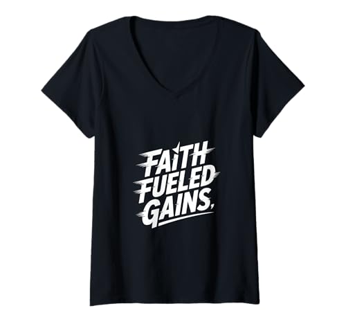 Damen Christlich Faith Fueled Gains Motivation Fitness T-Shirt mit V-Ausschnitt Damen Christlich Faith Fueled Gains Motivation Fitness T-Shirt mit V-Ausschnitt von Christlich Glaube Fitness Kraft Gym Bodybuilding