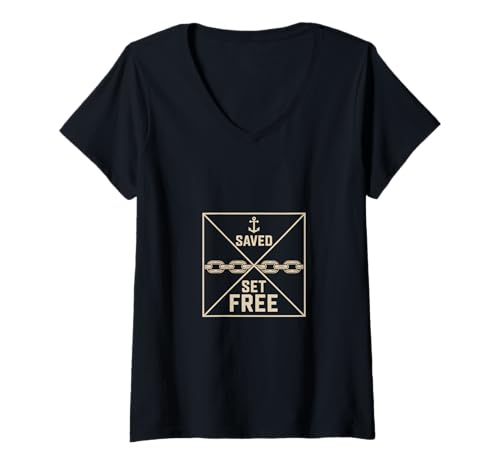 Damen Christlich Saved Set Free Kreuz Anker Kette T-Shirt mit V-Ausschnitt Damen Christlich Saved Set Free Kreuz Anker Kette T-Shirt mit V-Ausschnitt von Christlich Glaube Hoffnung Kreuz Anker Kette