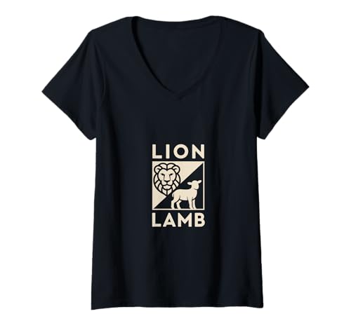 Damen Christlich Löwe Und Lamm Lion Lamb Glaube Stärke T-Shirt mit V-Ausschnitt Damen Christlich Löwe Und Lamm Lion Lamb Glaube Stärke T-Shirt mit V-Ausschnitt von Christlich Glaube Kreuz Löwe Lamm Bibel Hoffnung