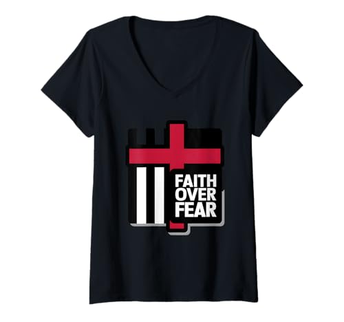 Damen Faith Over Fear Christlich Kreuz T-Shirt mit V-Ausschnitt Damen Faith Over Fear Christlich Kreuz T-Shirt mit V-Ausschnitt von Christlich Glauben Über Angst Motiv