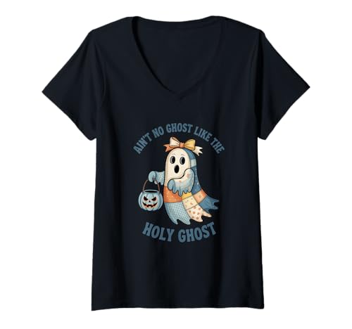 Damen Ain't No Ghost Like The Holy Ghost Halloween Geist Fun T-Shirt mit V-Ausschnitt Damen Ain't No Ghost Like The Holy Ghost Halloween Geist Fun T-Shirt mit V-Ausschnitt von Christlich Halloween Heiliger Geist Bibel