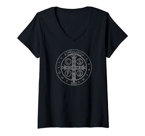 Damen St. Benedikt-Medaille | Christlich Katholisch T-Shirt mit V-Ausschnitt Damen St. Benedikt-Medaille | Christlich Katholisch T-Shirt mit V-Ausschnitt von Christlich Katholisch