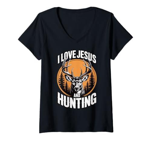 Damen I Love Jesus and Hunting T-Shirt mit V-Ausschnitt Damen I Love Jesus and Hunting T-Shirt mit V-Ausschnitt von Christlich Religiös Jäger Hirschjagd