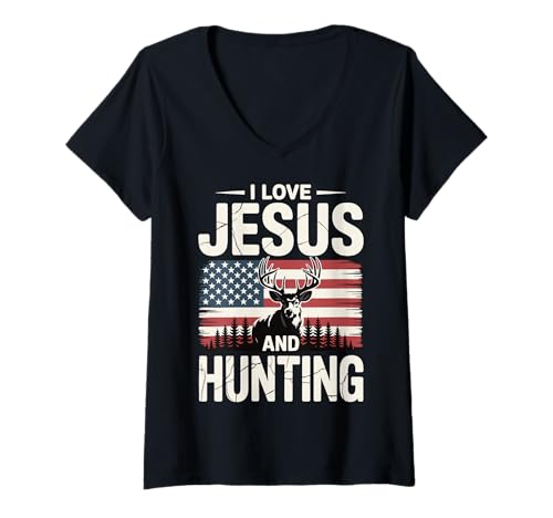 Damen I Love Jesus and Hunting T-Shirt mit V-Ausschnitt Damen I Love Jesus and Hunting T-Shirt mit V-Ausschnitt von Christlich Religiös Jäger Hirschjagd