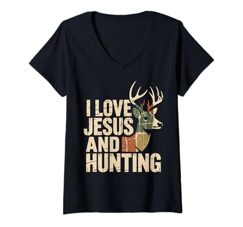 Damen I Love Jesus and Hunting T-Shirt mit V-Ausschnitt Damen I Love Jesus and Hunting T-Shirt mit V-Ausschnitt von Christlich Religiös Jäger Hirschjagd