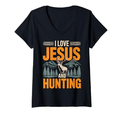 Damen I Love Jesus and Hunting T-Shirt mit V-Ausschnitt Damen I Love Jesus and Hunting T-Shirt mit V-Ausschnitt von Christlich Religiös Jäger Hirschjagd