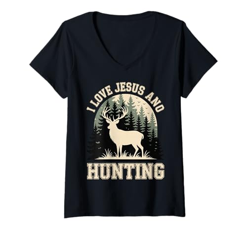 Damen I Love Jesus and Hunting T-Shirt mit V-Ausschnitt Damen I Love Jesus and Hunting T-Shirt mit V-Ausschnitt von Christlich Religiös Jäger Hirschjagd