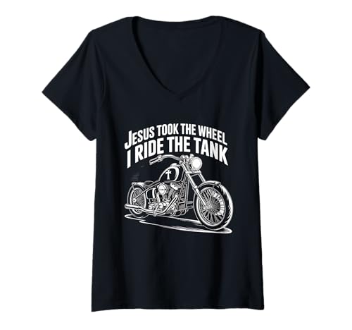 Damen Jesus Hat Das Steuer Ich Reite Den Tank Christlicher Biker T-Shirt mit V-Ausschnitt Damen Jesus Hat Das Steuer Ich Reite Den Tank Christlicher Biker T-Shirt mit V-Ausschnitt von Christliche Biker Motorradfahrer Glauben Freiheit
