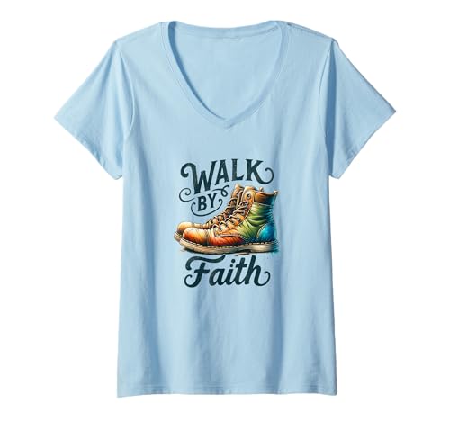 Damen Walk By Faith Christliche Ermutigung T-Shirt mit V-Ausschnitt von Christliche Botschaft Vertrauen Hoffnung