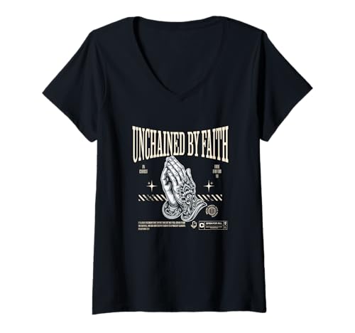 Damen Unchained by Faith In Christ True Freedom T-Shirt mit V-Ausschnitt von Christliche Glaube Freiheit Spiritualität