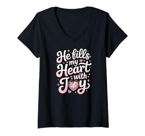 Damen Er Füllt Mein Herz Mit Freude Christlich T-Shirt mit V-Ausschnitt Damen Er Füllt Mein Herz Mit Freude Christlich T-Shirt mit V-Ausschnitt von Christliche Glaubensfreude Mit Herz