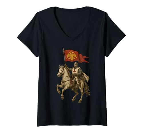 Damen Christlicher Ritter mit byzantinischer Reich Flagge T-Shirt mit V-Ausschnitt von Christliche Kriegergeschenke & Co.