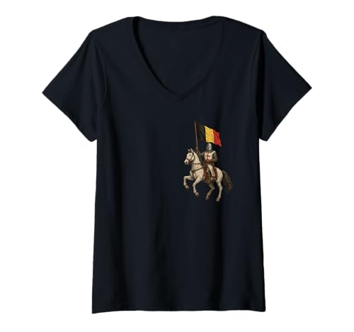 Damen Christlicher Templer Ritter mit belgischer Flagge T-Shirt mit V-Ausschnitt von Christliche Kriegergeschenke & Co.