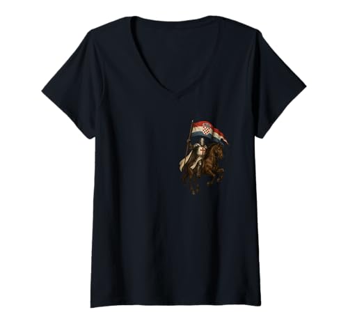 Damen Christlicher Templer Ritter mit kroatischer Flagge T-Shirt mit V-Ausschnitt von Christliche Kriegergeschenke & Co.