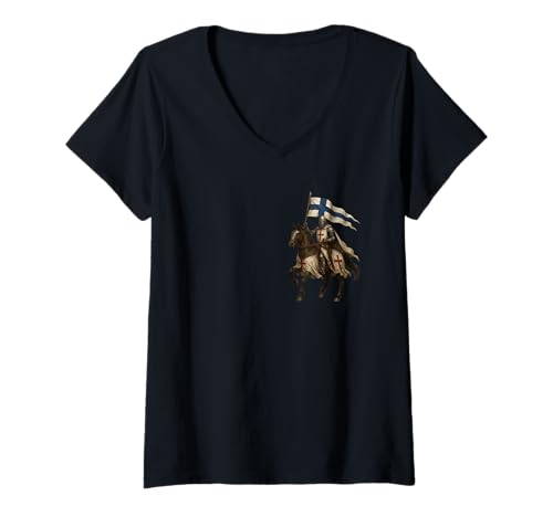 Damen Finnland christliche katholischer Kreuzritter Templar T-Shirt mit V-Ausschnitt von Christliche Kriegergeschenke & Co.