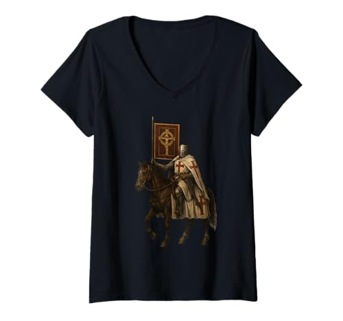 Damen Katholischer christlicher Templerkreuzer Ritter T-Shirt mit V-Ausschnitt Damen Katholischer christlicher Templerkreuzer Ritter T-Shirt mit V-Ausschnitt von Christliche Kriegergeschenke & Co.