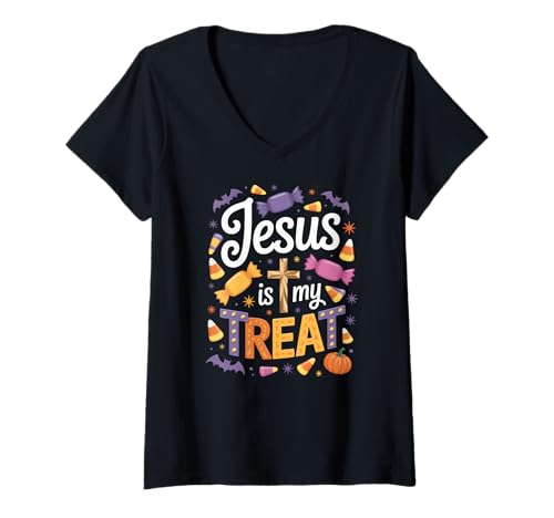 Damen Jesus is My Treat Christliche Botschaft T-Shirt mit V-Ausschnitt Damen Jesus is My Treat Christliche Botschaft T-Shirt mit V-Ausschnitt von Christliche Süßigkeit Glaube Kreuz Botschaft