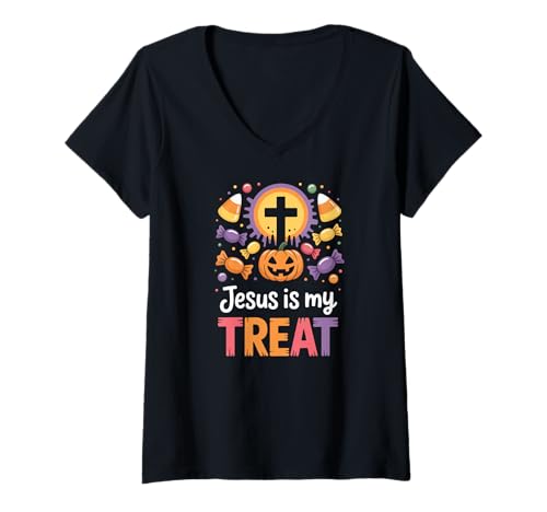 Damen Jesus Ist Mein Leckerbissen Halloween T-Shirt mit V-Ausschnitt von Christliche Süßigkeiten Halloween Kreuz