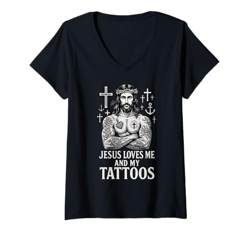 Damen Jesus Liebt Mich Und Meine Tattoos T-Shirt mit V-Ausschnitt Damen Jesus Liebt Mich Und Meine Tattoos T-Shirt mit V-Ausschnitt von Christliche Tattoo-Designs