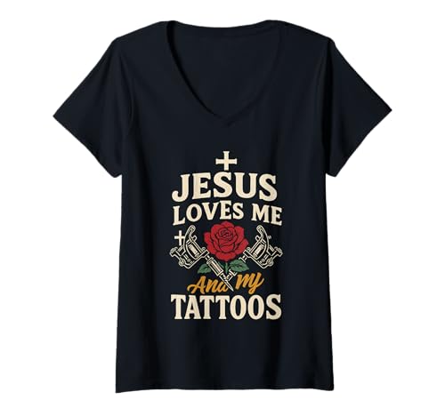 Damen Jesus Liebt Mich Und Meine Tattoos T-Shirt mit V-Ausschnitt Damen Jesus Liebt Mich Und Meine Tattoos T-Shirt mit V-Ausschnitt von Christliche Tattoo-Designs
