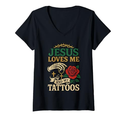 Damen Jesus Liebt Mich Und Meine Tattoos T-Shirt mit V-Ausschnitt Damen Jesus Liebt Mich Und Meine Tattoos T-Shirt mit V-Ausschnitt von Christliche Tattoo-Designs