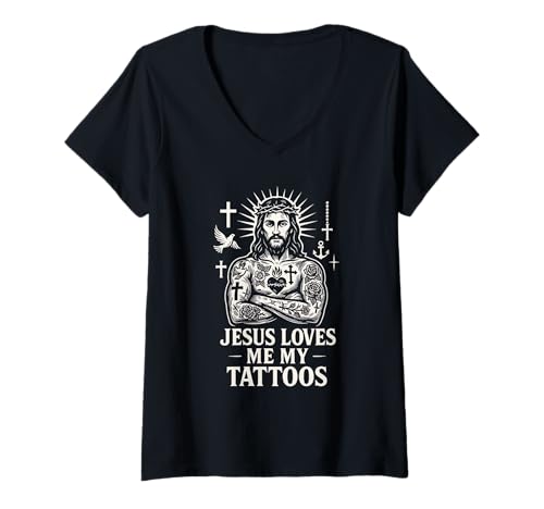 Damen Jesus Liebt Mich Und Meine Tattoos T-Shirt mit V-Ausschnitt Damen Jesus Liebt Mich Und Meine Tattoos T-Shirt mit V-Ausschnitt von Christliche Tattoo-Designs