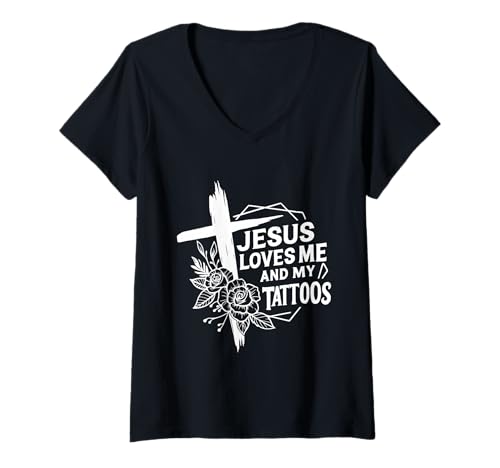 Damen Jesus Liebt Mich Und Meine Tattoos T-Shirt mit V-Ausschnitt Damen Jesus Liebt Mich Und Meine Tattoos T-Shirt mit V-Ausschnitt von Christliche Tattoo-Designs