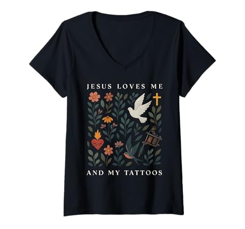 Damen Jesus Liebt Mich Und Meine Tattoos T-Shirt mit V-Ausschnitt Damen Jesus Liebt Mich Und Meine Tattoos T-Shirt mit V-Ausschnitt von Christliche Tattoo-Designs