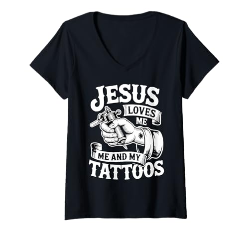 Damen Jesus Liebt Mich Und Meine Tattoos T-Shirt mit V-Ausschnitt Damen Jesus Liebt Mich Und Meine Tattoos T-Shirt mit V-Ausschnitt von Christliche Tattoo-Designs