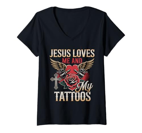 Damen Jesus Liebt Mich Und Meine Tattoos T-Shirt mit V-Ausschnitt Damen Jesus Liebt Mich Und Meine Tattoos T-Shirt mit V-Ausschnitt von Christliche Tattoo-Designs