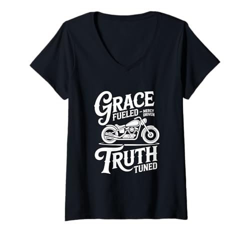 Damen Gnade Angetrieben Wahrheit Gestimmt T-Shirt mit V-Ausschnitt Damen Gnade Angetrieben Wahrheit Gestimmt T-Shirt mit V-Ausschnitt von Christlicher Biker Gnade Angetrieben