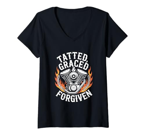 Damen Christlicher Biker Tatted Graced Forgiven T-Shirt mit V-Ausschnitt von Christlicher Biker Mit Glauben Tattos