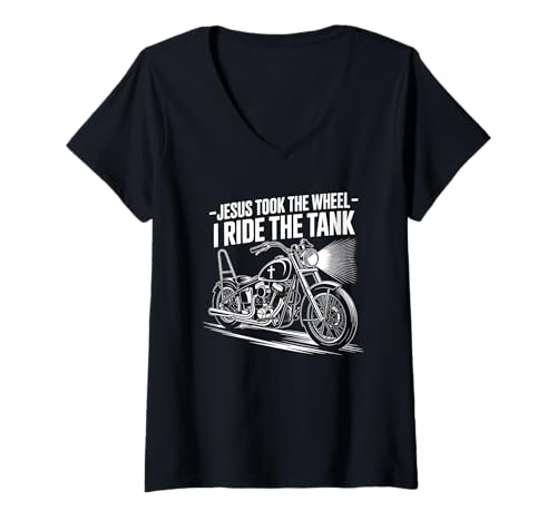 Damen Jesus Nahm Das Steuer Christian Biker T-Shirt mit V-Ausschnitt von Christlicher Biker Motorrad Glauben