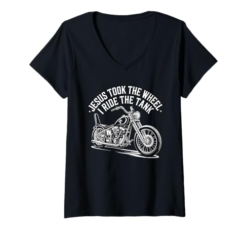 Damen Jesus Took The Wheel I Ride The Tank Christlicher Biker T-Shirt mit V-Ausschnitt von Christlicher Biker Motorrad Leidenschaft Spirit