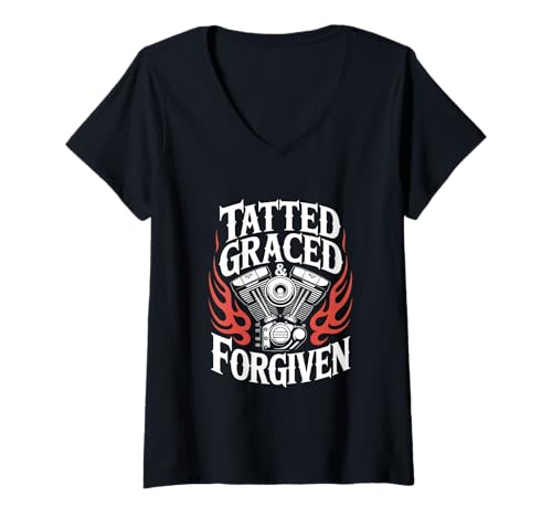 Damen Christlicher Biker Tatted Graced Forgiven T-Shirt mit V-Ausschnitt Damen Christlicher Biker Tatted Graced Forgiven T-Shirt mit V-Ausschnitt von Christlicher Biker Tatted Graced Motor