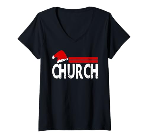 Damen Lustiger Weihnachtshumor Kirche Nikolaus Mütze T-Shirt mit V-Ausschnitt Damen Lustiger Weihnachtshumor Kirche Nikolaus Mütze T-Shirt mit V-Ausschnitt von Christlicher Feiertagswitz Glaube Anhänger