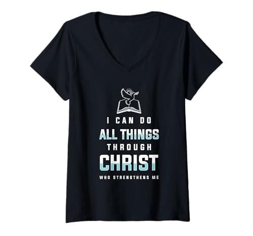 Damen Ich Vermag Alles Durch Christus Bibelvers Glaube Shirt T-Shirt mit V-Ausschnitt von Christlicher Glaube Bibelvers Jesus Christus