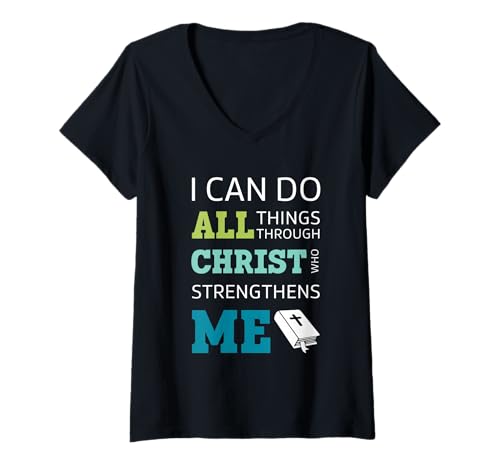 Damen Ich Vermag Alles Durch Christus Bibelvers Glaube Shirt T-Shirt mit V-Ausschnitt von Christlicher Glaube Bibelvers Jesus Christus
