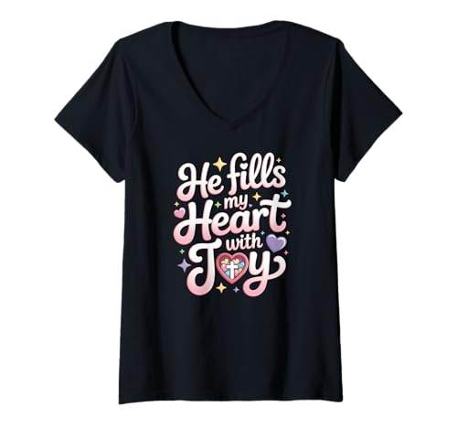 Damen Er Füllt Mein Herz Mit Freude Christlich T-Shirt mit V-Ausschnitt von Christlicher Glaube Herz Hoffnung Freude