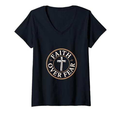 Damen Faith Over Fear Kreuz Christlicher Glaube Mut Hoffnung T-Shirt mit V-Ausschnitt Damen Faith Over Fear Kreuz Christlicher Glaube Mut Hoffnung T-Shirt mit V-Ausschnitt von Christlicher Glaube Kreuz Hoffnung Vertrauen