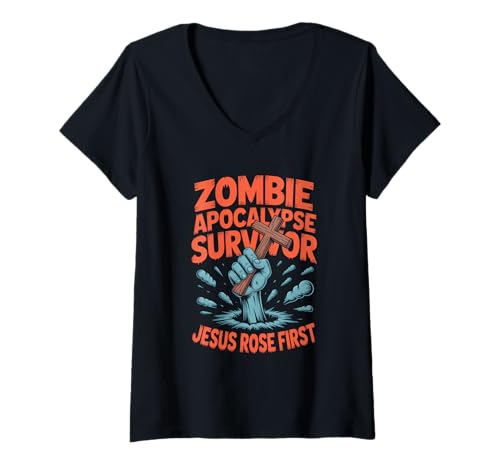 Damen Zombie Apocalypse Survivor Jesus First Ostern T-Shirt mit V-Ausschnitt Damen Zombie Apocalypse Survivor Jesus First Ostern T-Shirt mit V-Ausschnitt von Christlicher Humor Ostern Glaube Kreuz Satire