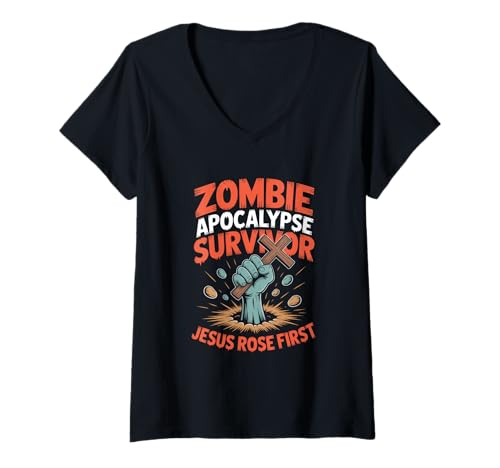Damen Zombie Apocalypse Survivor Jesus First Glauben Humor T-Shirt mit V-Ausschnitt Damen Zombie Apocalypse Survivor Jesus First Glauben Humor T-Shirt mit V-Ausschnitt von Christlicher Humor Zombie Apokalypse Auferstehung