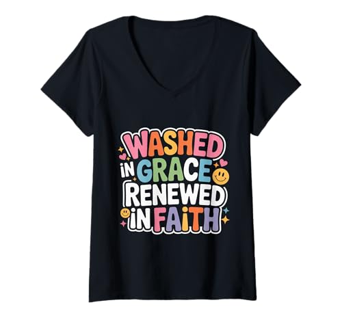 Damen Washed In Grace Renewed In Faith - T-Shirt mit V-Ausschnitt von Christlicher inspirierender Glaubensgeist